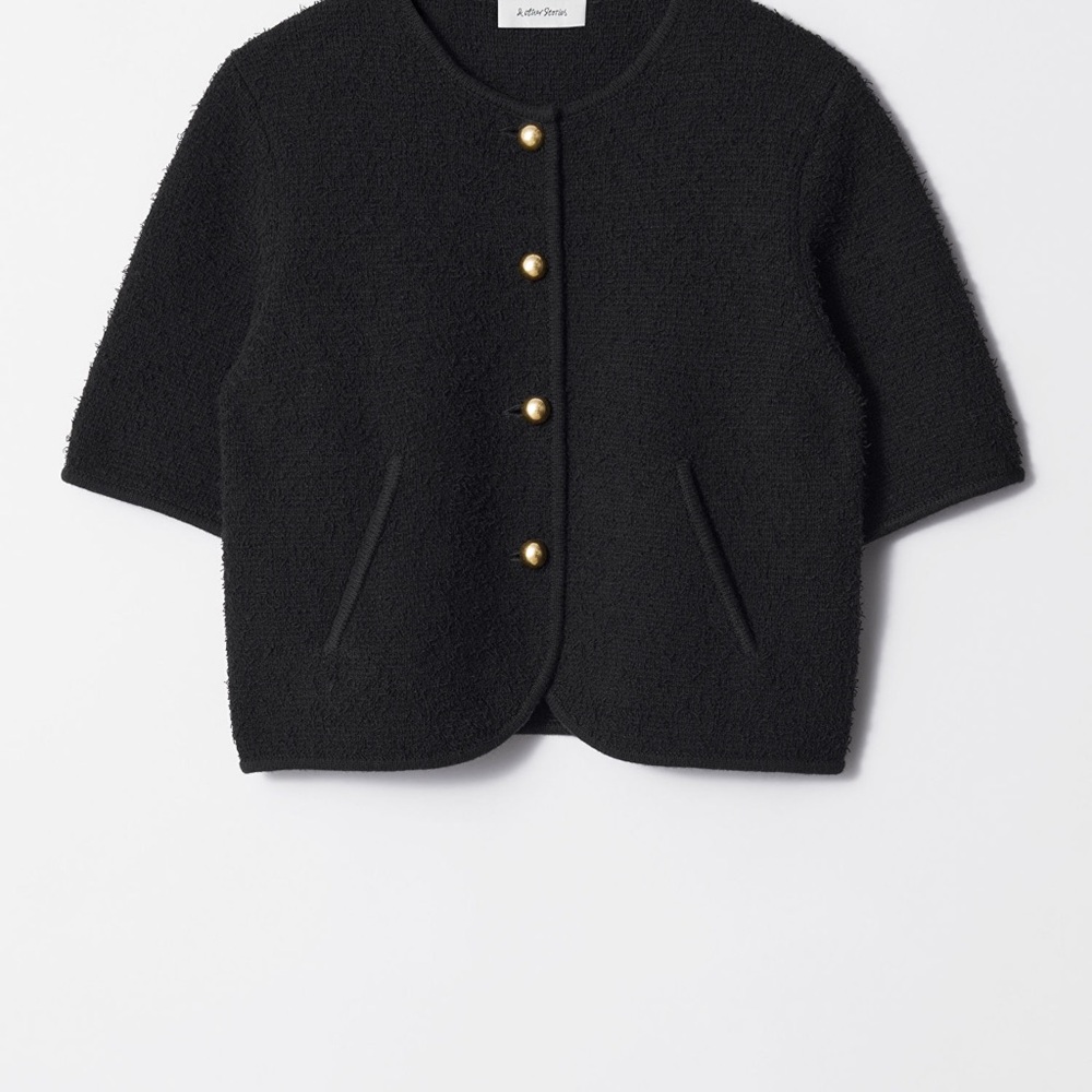 Black Textured short sleeve Cardigan with Gold Buttons and one extra button